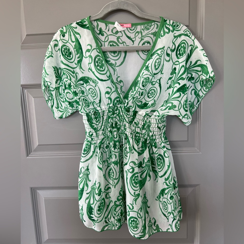 Max Rave Green and White Paisley Print V-Neck Blouse Size Medium